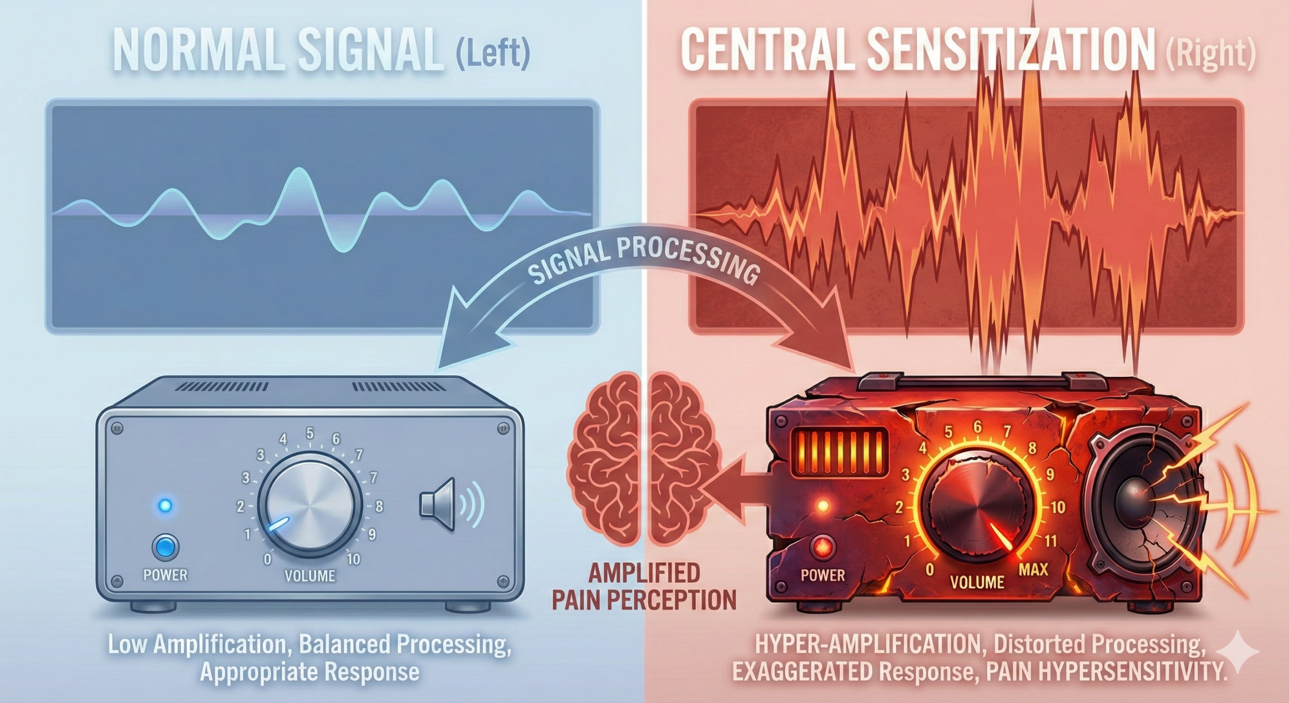 정상적인 통증 신호 전달과 중추신경감작(Central Sensitization)으로 인한 통증 증폭 및 과민화 기전 비교 인포그래픽