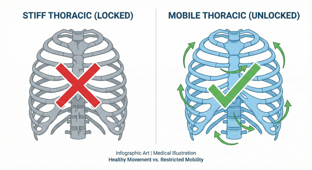흉추 가동성 제한(Locked)과 정상 가동성(Mobile) 비교 의학 일러스트