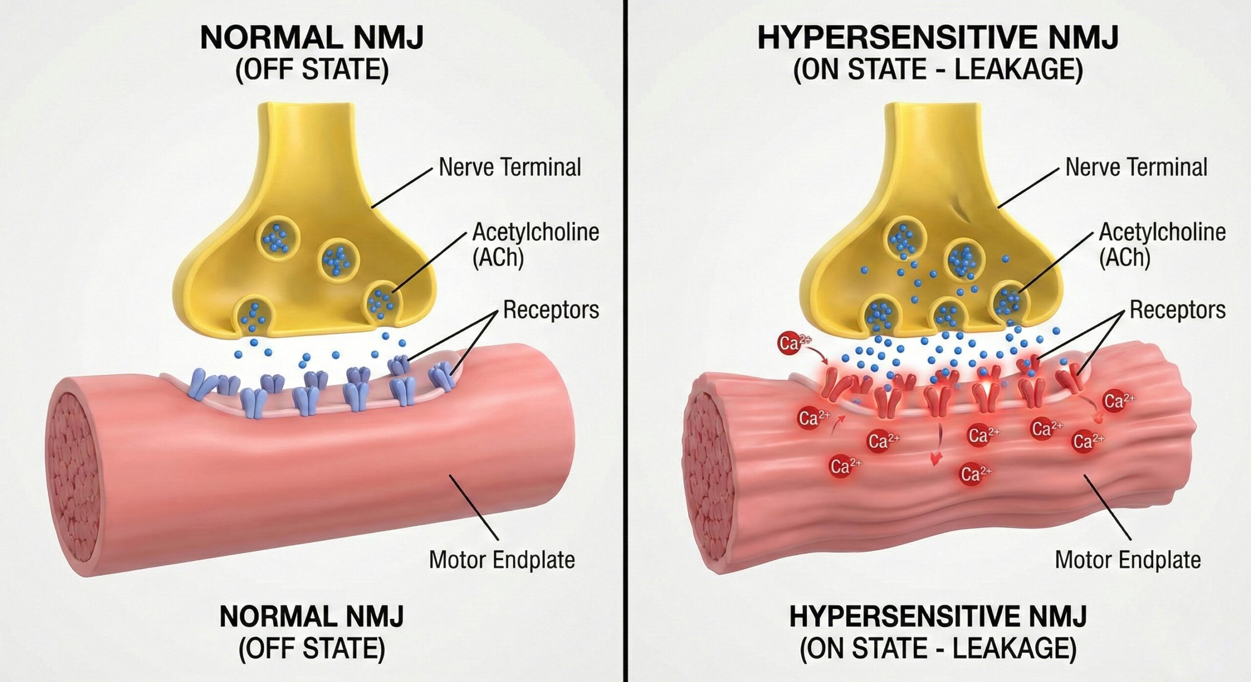 정상 신경근접합부(NMJ)와 과민화된 운동종판(Motor Endplate)의 비교 일러스트. 아세틸콜린(ACh) 누수와 칼슘 이온(Ca2+) 유입으로 인한 근육 통증 유발점(Trigger Point) 발생 기전 및 에너지 위기 시각화.