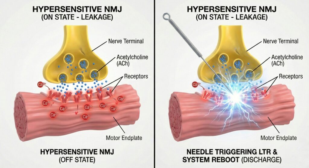 과민화된 신경근접합부(Hypersensitive NMJ)에 침 치료(Acupuncture)가 적용되는 기전 설명 3D 일러스트. 침이 운동종판(Motor Endplate)을 자극하여 국소 연축 반응(LTR)을 유도하고, 전기적 방전(Discharge)을 통해 근육 시스템을 재부팅(System Reboot)하여 아세틸콜린 누수를 차단하는 과정 시각화.