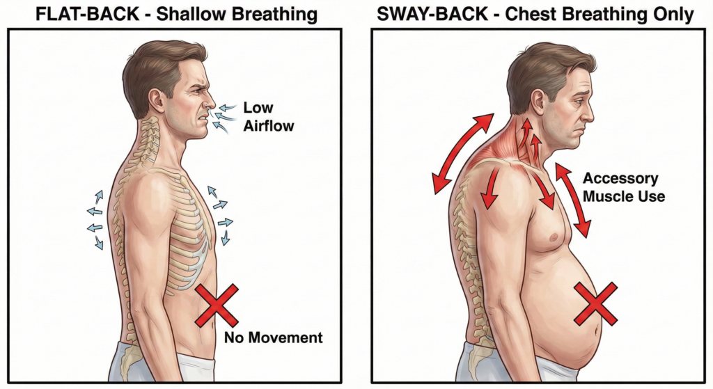 편평등(Flat-back)의 얕은 호흡과 스웨이백(Sway-back)의 흉식 호흡 패턴 비교 인포그래픽