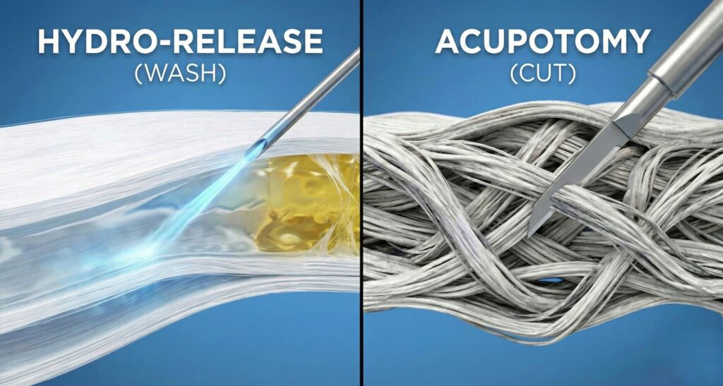 근막유착 치료 비교: 끈적한 점착화(Densification)를 씻어내는 하이드로릴리즈와 단단한 섬유화(Fibrosis)를 끊어내는 도침요법의 차이점