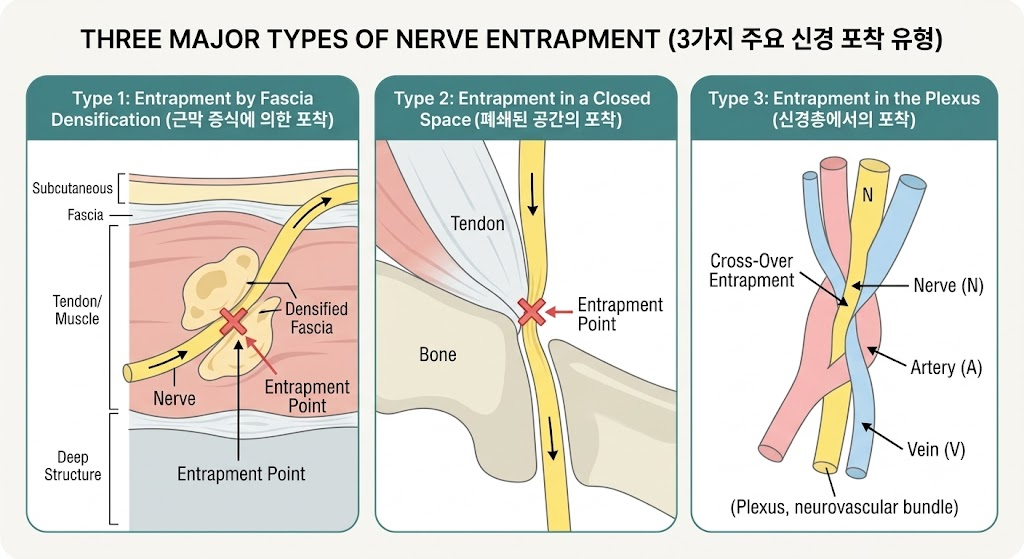 만성 통증을 유발하는 신경 포착(Nerve Entrapment)의 3가지 해부학적 유형(근막 증식, 폐쇄된 공간, 신경총 및 혈관 다발 얽힘)과 신경 하이드로다이섹션 치료 지점을 나타낸 모식도.