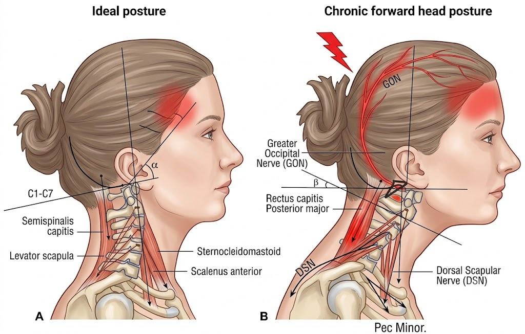 이상적인 경추 자세(Ideal posture)와 만성 전방 머리 자세(Chronic forward head posture)의 해부학적 비교 도해. 거북목 자세에서 대후두신경(GON)의 포착 경로와 두반극근, 견갑거근, 흉쇄유돌근, 사각근의 생체역학적 변화 및 후두신경통 발현 부위를 시각화한 메디컬 일러스트레이션.