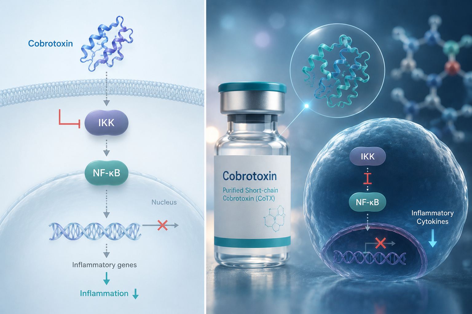 정제된 사독 Cobrotoxin(CoTX)이 IKK–NF-κB 신호 전달계를 조절하여 염증성 유전자 발현을 감소시키는 분자약리학 모식도