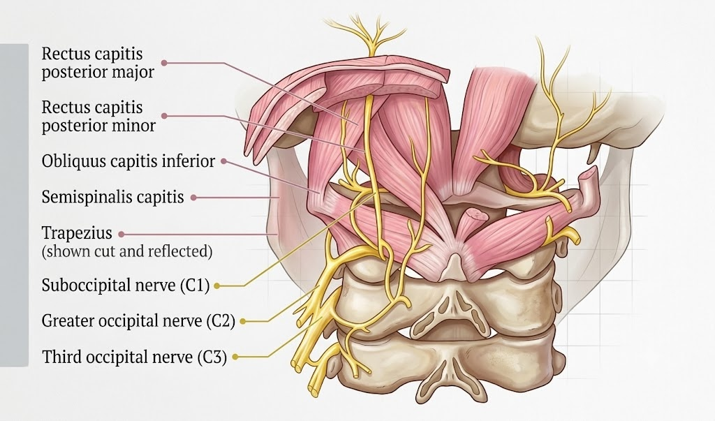 후두하 부위(Suboccipital region)의 정밀 경추 해부학 도해. 대후두직근(Rectus capitis posterior major), 소후두직근(Rectus capitis posterior minor), 하두사근(Obliquus capitis inferior), 두반극근(Semispinalis capitis), 승모근(Trapezius)의 해부학적 랜드마크와 후두하근군을 관통하여 주행하는 후두하신경(C1), 대후두신경(C2), 삼차후두신경(C3)의 신경망 분포를 보여주는 심부 메디컬 일러스트레이션.
