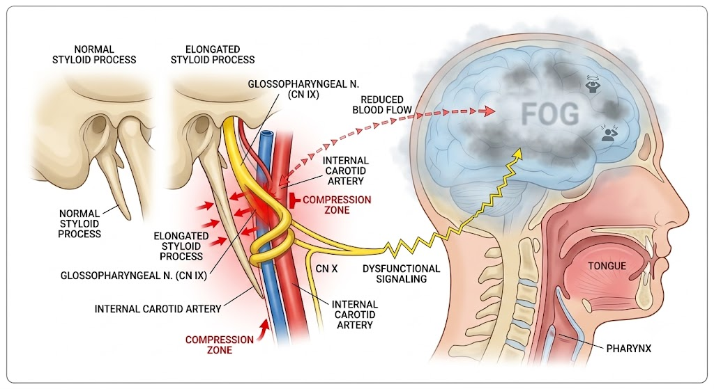 이글증후군(Eagle's Syndrome)으로 인해 길어진 경상돌기가 설인신경과 내경동맥을 압박하여 자율신경 오작동 및 뇌 혈류 감소를 유발하고, 이것이 브레인포그(Brain Fog)로 이어지는 과정을 나타낸 해부학적 기전도.