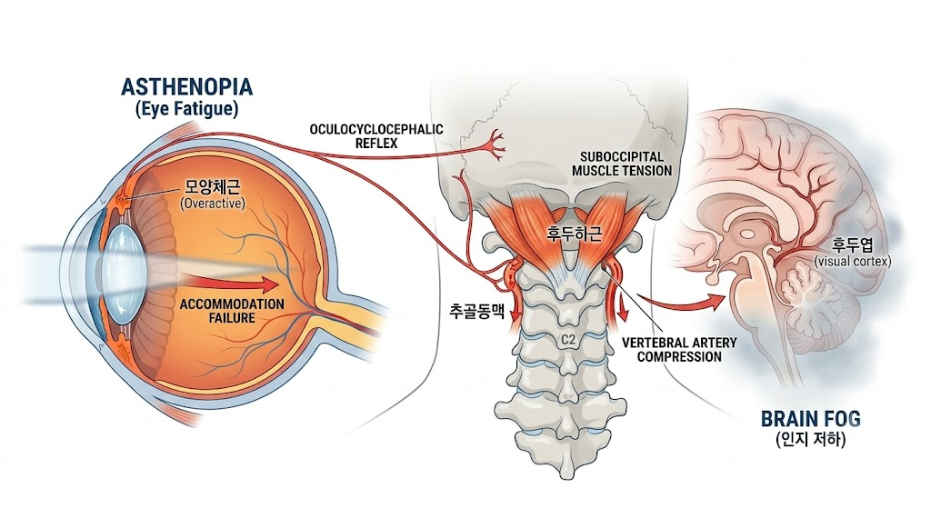 의학 일러스트레이션은 "ASTHENOPIA (Eye Fatigue)"에서 "BRAIN FOG"로 이어지는 해부학적 인과 관계를 보여줍니다. 이 다이어그램은 눈의 안정 피로(Asthenopia)가 신경 경로(Oculocyclocephalic Reflex)를 통해 후두하 근육의 긴장(Suboccipital Muscle Tension)을 유발하고, 이것이 다시 추골 동맥(Vertebral Artery)을 압박(Vertebral Artery Compression)하여 결국 뇌 혈류를 감소시키고 "Brain Fog"를 유발하는 과정을 단계별로 설명합니다. 확대된 주황색 영역은 근육이 동맥을 압박하는 해부학적 단계를 보여줍니다.