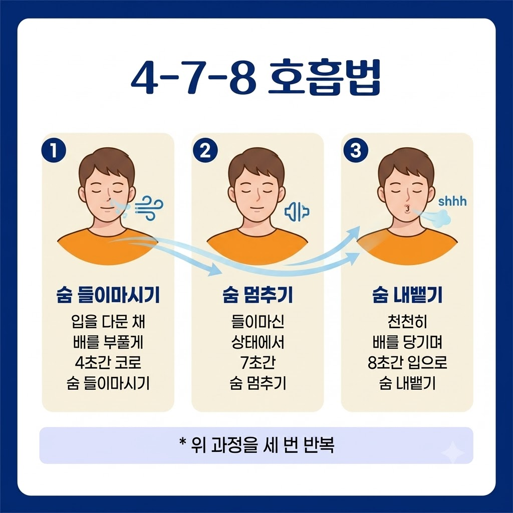 4-7-8 호흡법의 3단계 과정을 나타낸 안내 일러스트. 1단계는 입을 다문 채 배를 부풀리며 4초간 코로 숨을 들이마시는 모습, 2단계는 들이마신 상태에서 7초간 숨을 멈추는 모습, 3단계는 천천히 배를 당기며 8초간 입으로 숨을 내뱉는 모습을 순서대로 보여주며 하단에 위 과정을 세 번 반복하라는 안내가 포함된 인포그래픽.