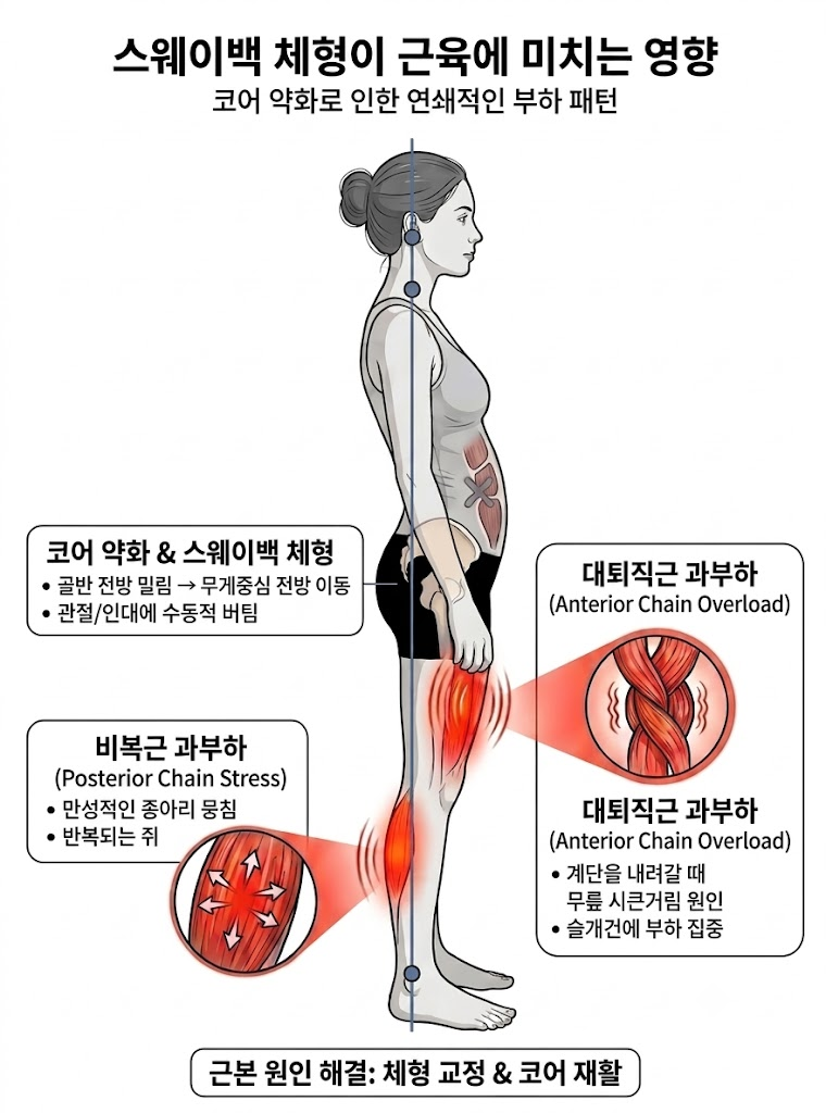 A medical infographic illustrating how Swayback posture affects muscles. It shows a female profile with poor alignment (blue line) indicating core weakness, pelvic anterior shift, and the resulting연쇄적인 부하 패턴 (Chain-like load pattern). Key sections are detailed with Korean and English descriptions: Core weakness & Swayback posture (코어 약화 & 스웨이백 체형), Posterior Chain Stress with a gastrocnemius detail (비복근 과부하, 종아리 뒤쪽), and Anterior Chain Overload with a rectus femoris detail (대퇴직근 과부하, 무릎 통증). A bottom bar text states Root Cause Resolution: Posture Correction & Core Rehabilitation (근본 원인 해결: 체형 교정 & 코어 재활). Minimalist vector style on a clean white background.