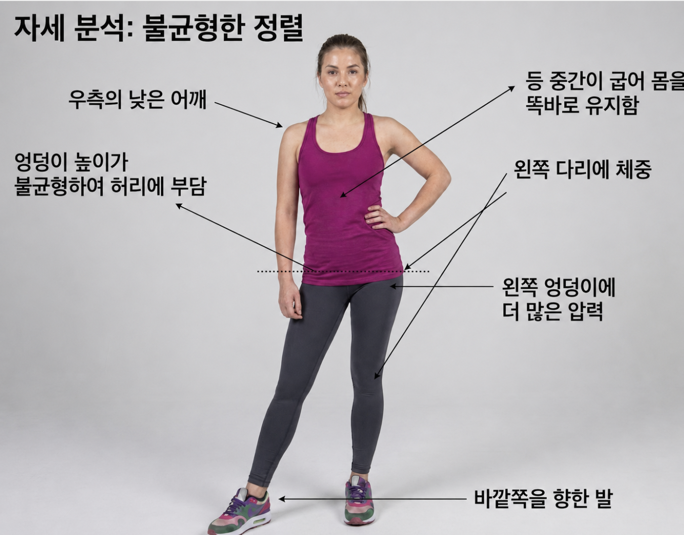 A medical infographic demonstrating lateral pelvic tilt and postural imbalance from a frontal view. It shows a female model with uneven alignment: lower right shoulder, uneven hip height causing lower back stress, body weight shifted to the left leg, more pressure on the left hip, middle back slouching to keep upright, and feet turned outward. Dotted lines indicate the tilted pelvic baseline. Black arrows point to each affected area with corresponding Korean text descriptions including 우측의 낮은 어깨, 엉덩이 높이가 불균형하여 허리에 부담, 왼쪽 다리에 체종, 왼쪽 엉덩이에 더 많은 압력, 바깥쪽을 향한 발. Clean studio background.