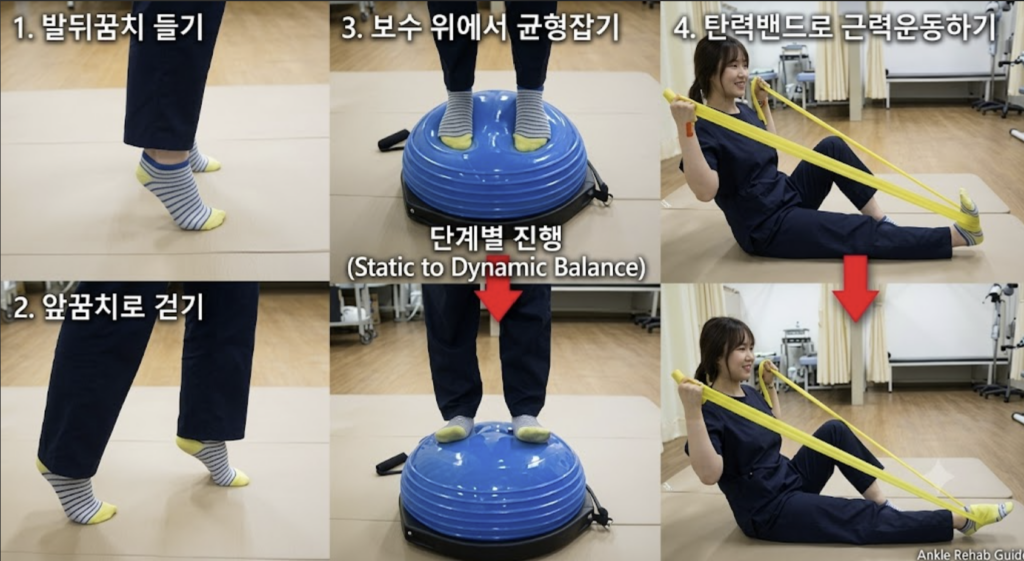 스웨이백 체형 환자를 위한 발목 불안정성 단계별 재활 운동법 (발뒤꿈치 들기, 앞꿈치로 걷기, 보수볼 균형잡기, 탄력밴드 근력운동)