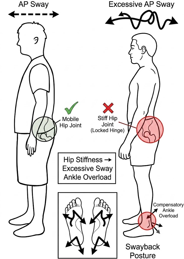 정상적인 전후동요(AP Sway)와 고관절이 잠긴 스웨이백 체형(Swayback Posture)의 과도한 흔들림 및 발목 과부하(Ankle Overload) 생체역학 비교 일러스트
