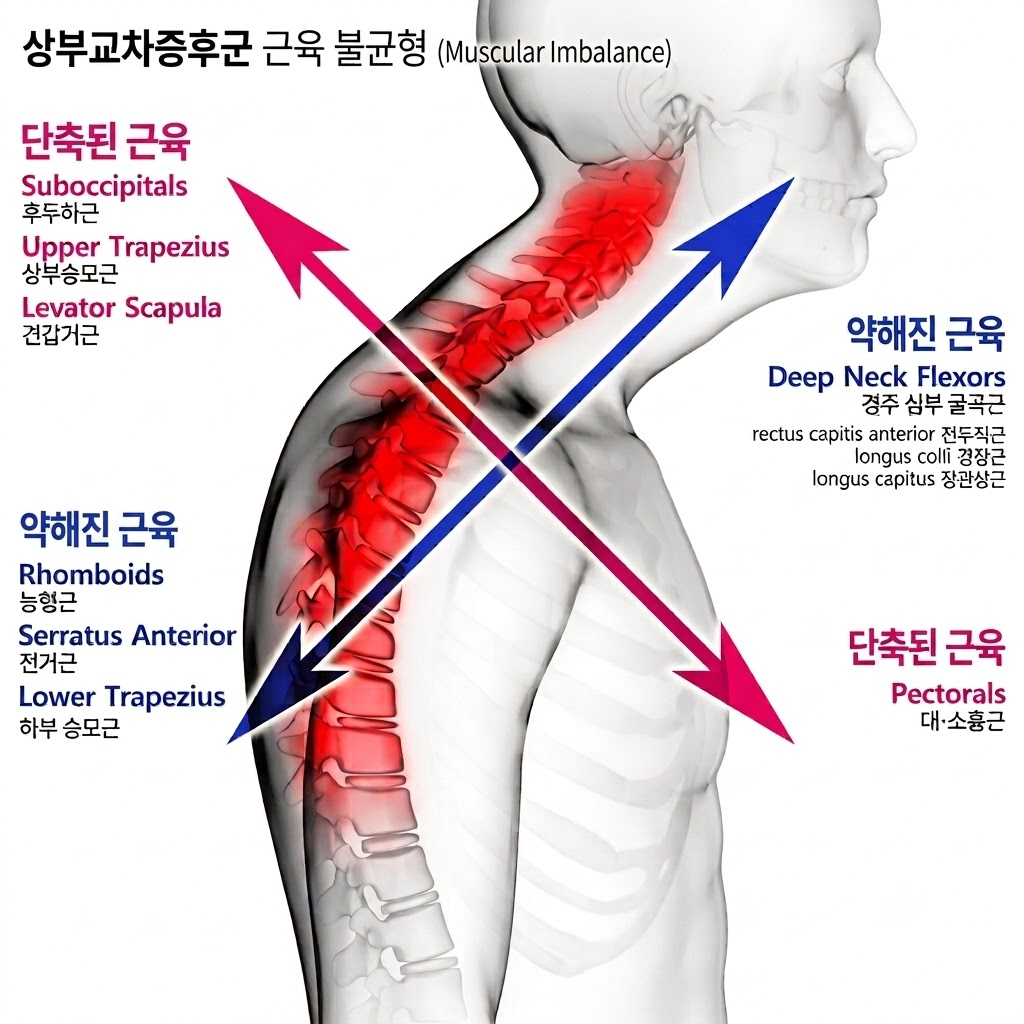 홀란드 거북목과 굽은등 체형을 유발하는 상부교차증후군 근육 불균형 해부학 구조도