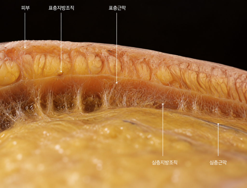 피부, 표층지방조직, 표층근막, 심층지방조직, 심층근막의 해부학적 층위와 3차원적 단면 구조를 한눈에 보여주는 근막 구조 설명 사진.