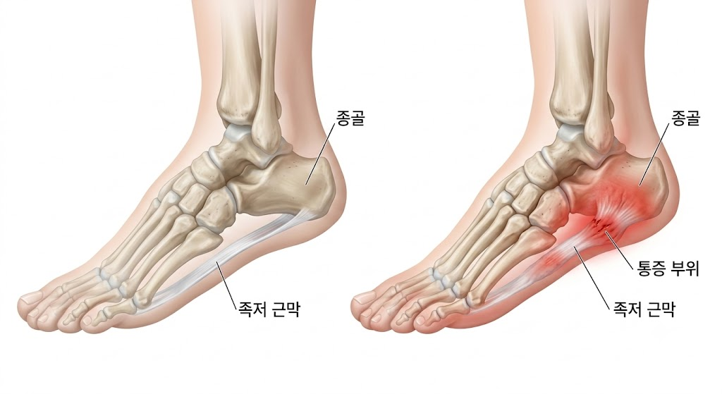 정상 발과 족저근막염이 발생한 발의 해부학적 비교 모식도. 종골과 족저 근막의 정확한 위치 및 통증 부위를 명시하여 족저근막염 침치료가 필요한 타겟 영역을 설명하는 이미지.