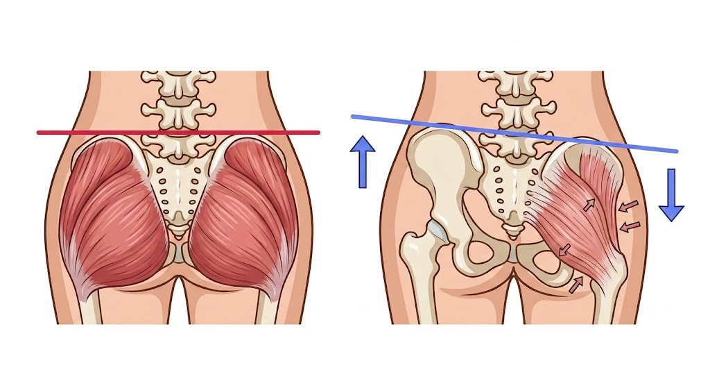 골반 비대칭으로 인한 둔근 기능 저하와 하강된 골반 측의 근육 변화를 나타낸 해부학 모식도. 이 역학적 불균형이 반대쪽 하지의 과부하를 유발해 만성 통증으로 이어질 때, 족저근막염 침치료의 근본 원인을 분석하는 시각 자료.