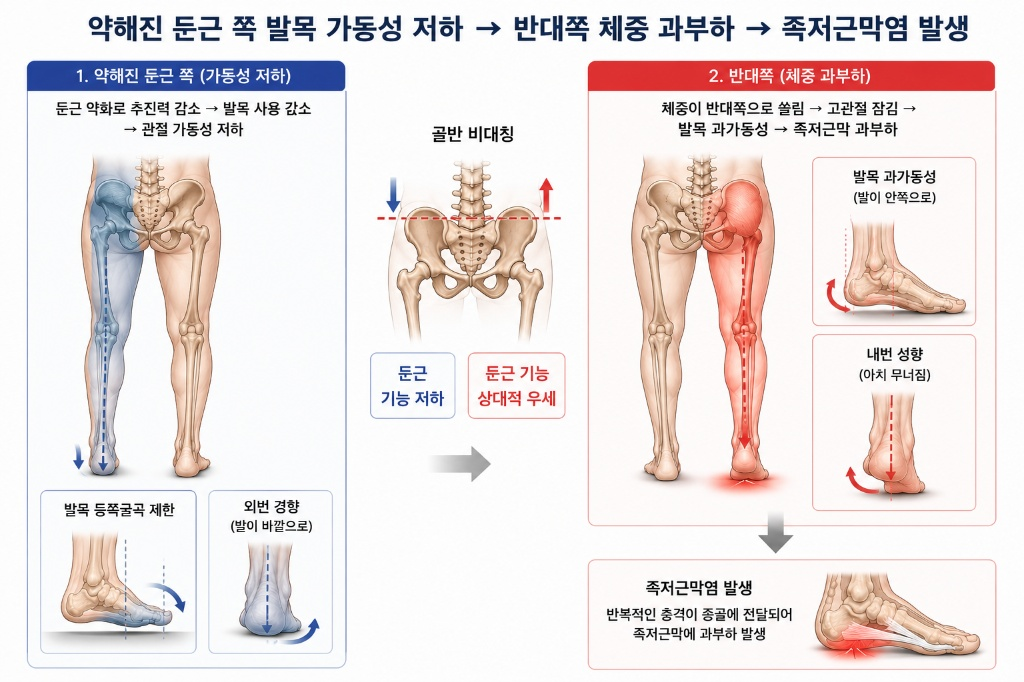 골반 비대칭 및 둔근 약화로 인한 한쪽 발목 가동성 저하가 반대쪽 발의 체중 과부하와 내번 성향을 유발해 만성 족저근막염을 일으키는 생체역학적 경로 도표. 증상 부위뿐만 아니라 반대쪽 하지의 정렬을 함께 바로잡는 족저근막염 침치료의 원리를 설명하는 이미지.