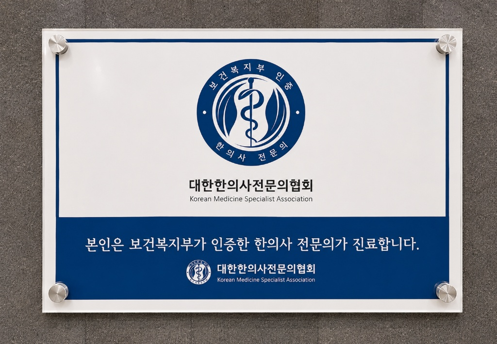 대한한의사전문의협회에서 발행한 보건복지부 인증 한의사 전문의 마크 현판 이미지. 한방재활의학과 전문의를 포함하여 정식 수련 과정을 거친 공인된 전문의가 진료하는 의료기관임을 증명하는 공식 패널입니다.
