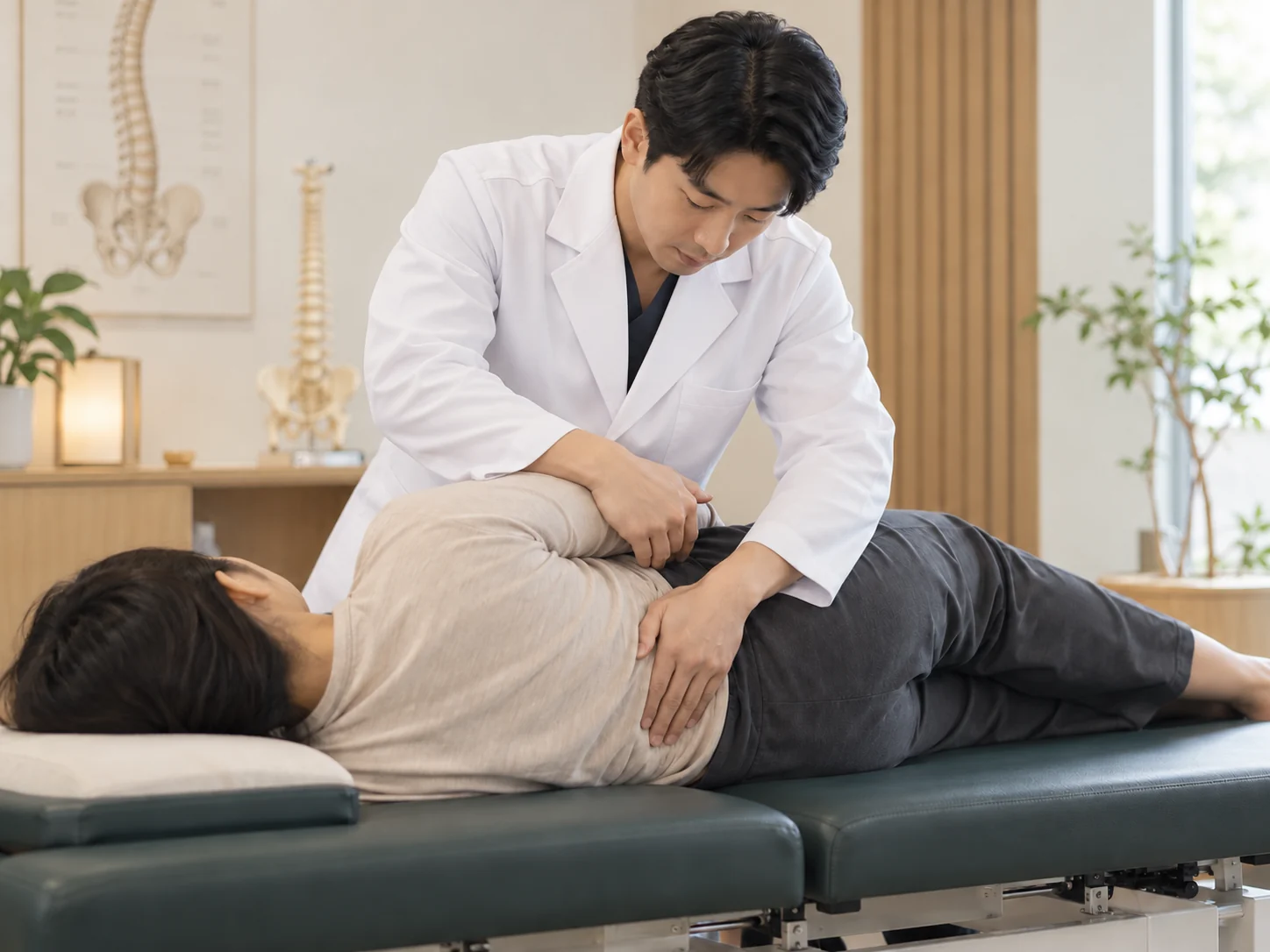 흰색 의사가운을 입은 한의사가 측와위 환자의 허리 부위에 추나요법을 시행하는 교육용 연출 이미지