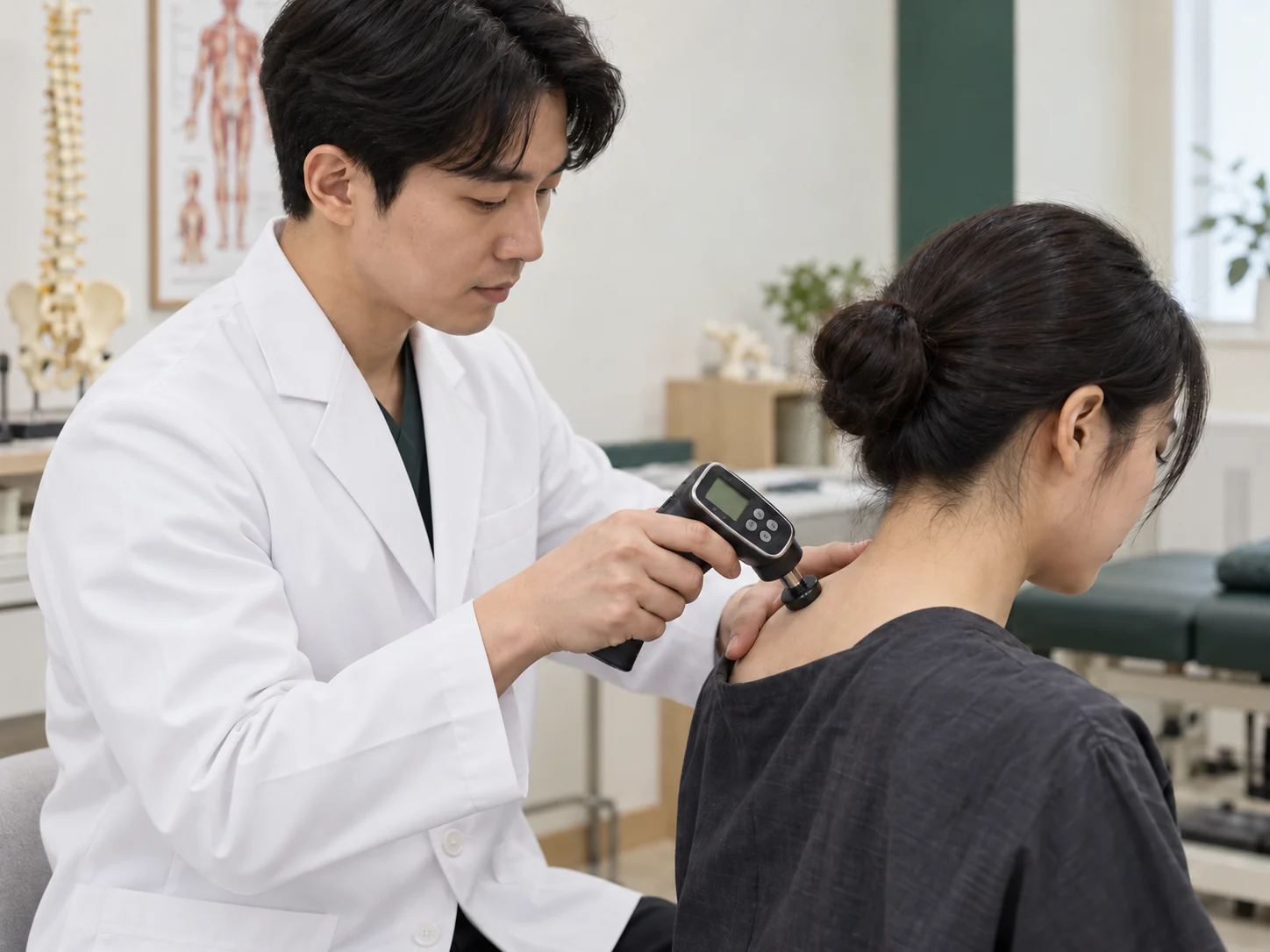 흰색 가운을 입은 의료인이 환자의 목 주위에 압력계 장비를 사용하여 압통 반응을 살펴보는 연출 사진
